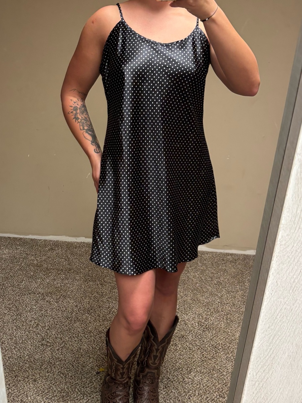 Polka Dot Satin Slip Dress - Black